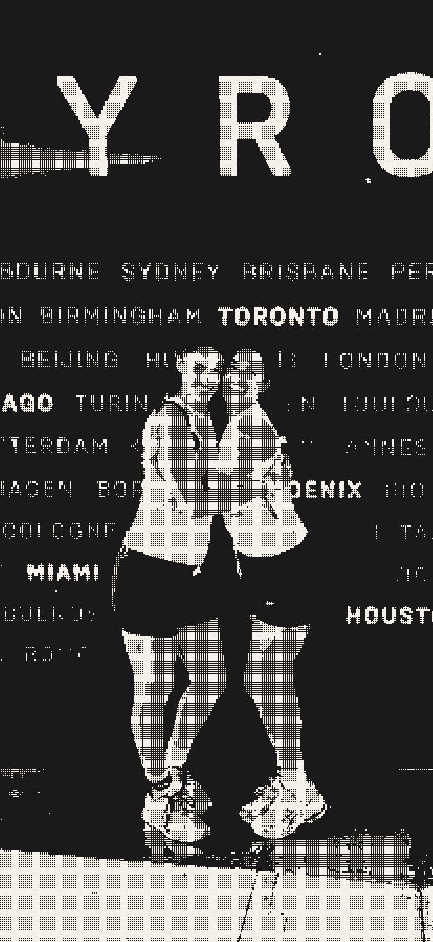 Two athletes at a gym wall, dithered