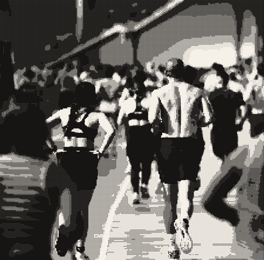 A field of runners from behind, dithered